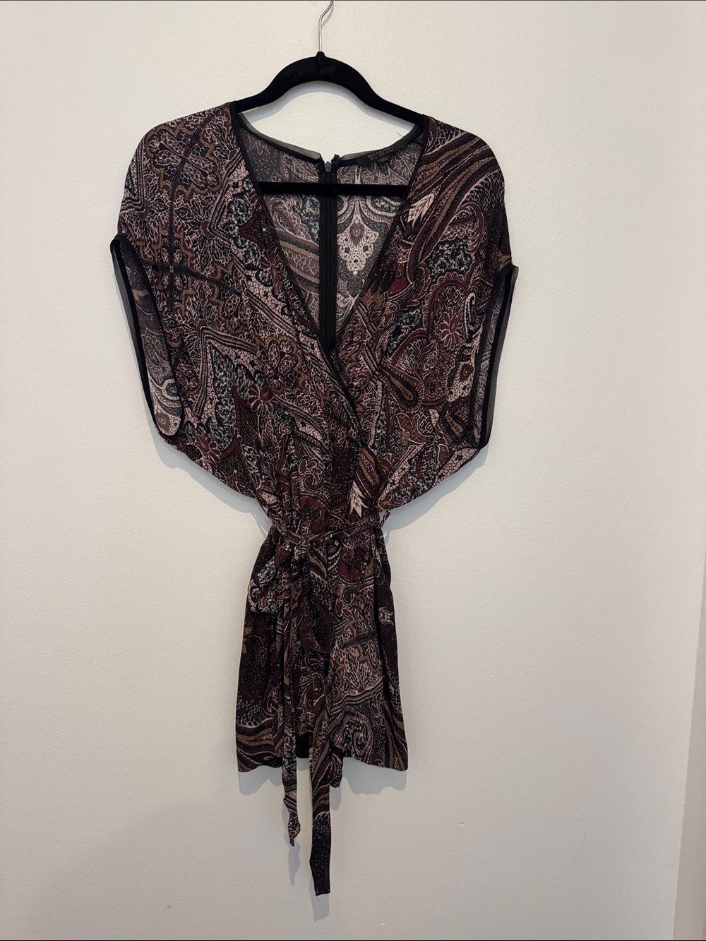 AllSaints Paisley Wrap Romper in Black and Brown